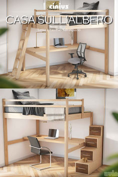 this is an image of a loft bed with desk and chair in the room that looks like it could be used as a bunk bed