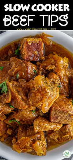 slow cooker beef tips in a white bowl with parsley on top and text overlay