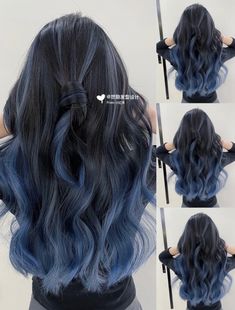 Korean Hair Streaks, Subtle Color In Hair, Ashy Blue Hair Balayage, Hair Contouring Black Hair, Long Black And Blue Hair, Black With Color Underneath Hair, Best Hair Dye For Brown Hair, Blue Jean Hair, Black Hair With Coloured Highlights