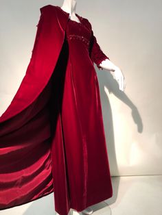 Gown Cape, Red Long Coat, Portrait Neckline, Gala Ideas, 1960s Dresses, Hollywood Costume, Two Piece Wedding Dress, Velvet Gown, Theme Dress