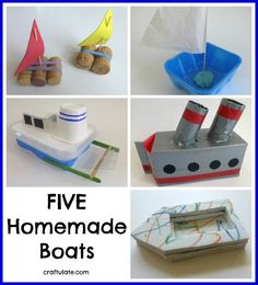 five homemade boats made out of paper and cardboard are featured in this collage with text overlay that reads, five homemade boats