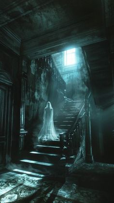 a ghostly ghost is walking down the stairs in a dark room with light coming through