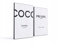 two black and white book covers with the words coco and prada on one side