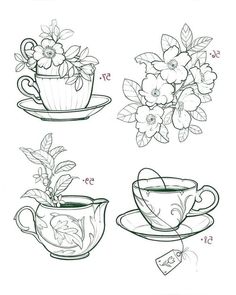 four teacups with flowers in them