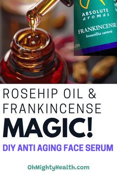 DIY anti aging face serum with frankincense. Text reads: Rosehip oil and frankincense magic! DIY anti aging face serum. Good Face Oils, Diy Frankincense Face Serum, Doterra Face Serum Recipe, Essential Oil Recipes For Skin Anti Aging Facial Serum, Diy Rosehip Oil Recipe, Diy Serum For Dry Skin, Better Than Botox Diy Anti Aging, Diy Retinol Serum Recipe, Crepey Skin Remedies Diy