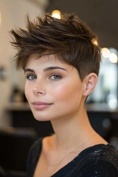 Person with a short, spiky haircut and a neutral expression in a dimly lit room.