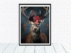 a deer with flowers on its antlers is shown in front of a brick wall