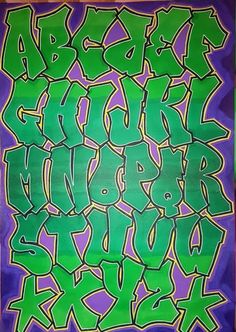 an image of graffiti written in green and purple on a canvas background with the words abc, g, n, d