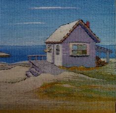 a painting of a house on the beach with water in the back ground and blue sky above