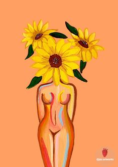 a painting of sunflowers in a woman's face with an orange background