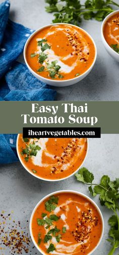 three bowls filled with tomato soup and garnished with cilantro on top