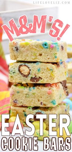 easter cookie bars stacked on top of each other with the words m & m's