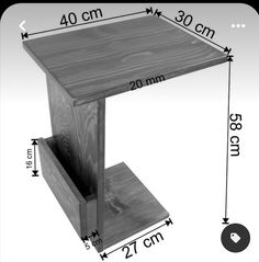 a wooden table with measurements for the top and bottom section, including an open drawer