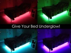 four different images of a bed with lights in the room and below it, give your bed underglow