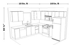 a drawing of a kitchen with white cabinets and black counter tops, measurements for the area