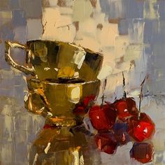 an oil painting of apples and a golden cup