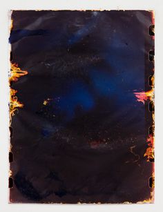 an abstract painting with blue, yellow and orange colors on black paper in the center