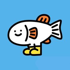 a cartoon fish with an orange stripe on it's chest and eyes, sitting in front of a blue background