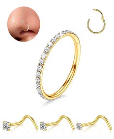 three different types of gold nose piercings and an image of the same ring with diamonds on