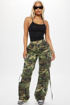 Available In Olive/combo. Camo Cargo Pant Low Rise Button Zipper Closure Cargo Pockets Strappy Detail Wide Leg Oversized Fit Non Stretch 65% Polyester 35% Cotton Imported | Level You Up Camo Cargo Pant in Olive Green size 2X by Fashion Nova Wedding Romper, Magenta Fashion, Cuban Shirt, Textured Maxi Dress, Fashion Souls, Cream Fashion, Cuban Shirts, Sneak Attack, High Waisted Dress Pants