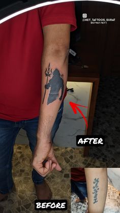 before and after photos of a tattoo cover up on a man's left arm