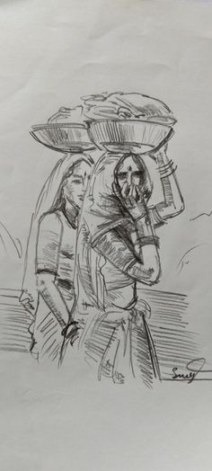 a drawing of two people carrying food on their heads