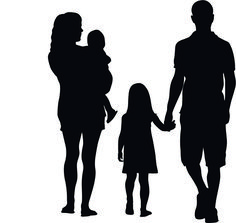 the silhouette of a man and woman holding hands with their daughter in front of them