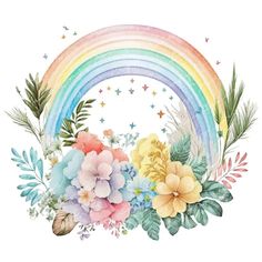 a rainbow with flowers and leaves around it