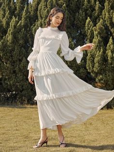 SHEIN Mock Neck Gathered Sleeve Layered Ruffle Detail Dress | SHEIN USA Hijab Stile, Stile Hijab, Shein Dress, Gathered Sleeves, Elegant Dresses Long, Chic Outfit, Maxi Dress Party, Looks Style, Wedding Party Dresses