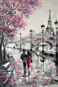 a painting of two people walking down the street