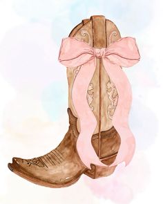 a pair of cowboy boots with a pink ribbon tied around the boot, on a watercolor background