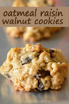 oatmeal raisin walnut cookies stacked on top of each other with text overlay