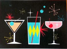 an image of three cocktails on a black background with stars and sparklers around them