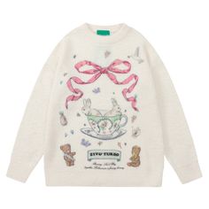 size: M, Color: Apricot Bow Cartoon, Rabbit Sweater, Fashion Process, Apricot Sweater, Fluffy Knit, Rabbit Print, Sleeves Clothing, Weave Style, Karate Kid