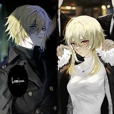 two anime characters one with blonde hair and the other wearing blue eyes, standing next to each other