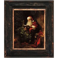 a painting of santa claus reading a book