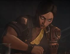 an animated image of a woman holding a knife and looking at something in front of her