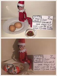 an elf is sitting on the counter next to some eggs