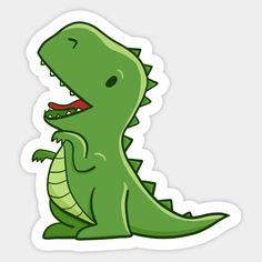 a green dinosaur sticker with its mouth open