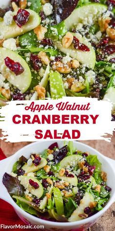 an apple walnut cranberry salad in a white bowl