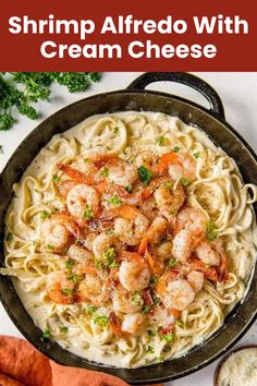 Healthy Shrimp Alfredo With Cream Cheese Healthy Shrimp Alfredo, Alfredo With Cream Cheese, Fettuccini Noodles, Easy Shrimp Alfredo, Pesto Mozzarella Chicken, Spinach Fettuccine, Shrimp Fettuccine Alfredo, Cream Cheese Recipe, Pesto Mozzarella