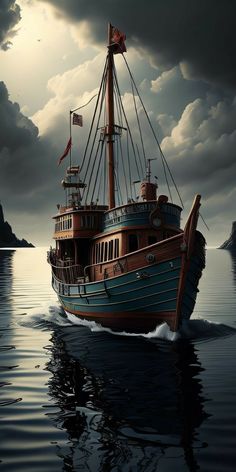 an old ship sailing in the ocean on a cloudy day with dark clouds above it