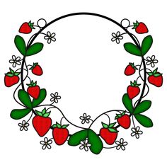 a circular frame with strawberries and daisies on the bottom, surrounded by flowers