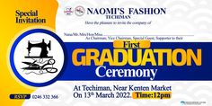 an advertisement for the first graduation ceremony with scissors and sewing machine on it's front