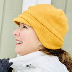 mustard fleece earmuff hat Hats For Small Heads, Women Winter Hat, Earflap Beanie, Fleece Hats, Cute Sewing Projects, Bun Hat, Newsboy Hat, Fleece Hat, Snow Flakes