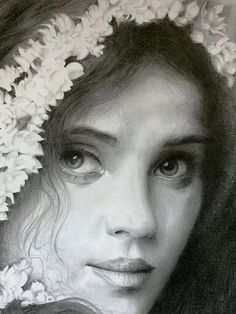 a pencil drawing of a woman with flowers in her hair and wearing a wreath on her head