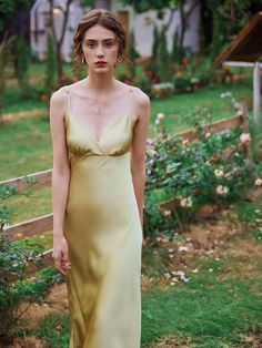 V-Neck, Adjustable shoulder strap Prom Dress Inspo, Simple Retro, Midi Slip Dress, Dress Aesthetic, Yellow Dress, Guest Dresses, Pretty Dresses, Spring Summer Fashion, Homecoming Dresses