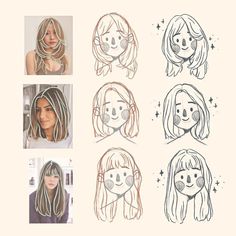 four different drawings of women's hair with various facial expressions and hairstyles