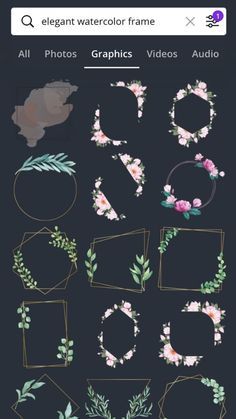 flowers and leaves are arranged in the shape of frames on a black background with text