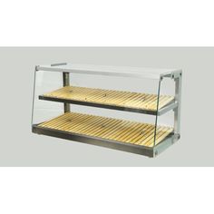 two tiered glass display case with wooden slats on the bottom and bottom shelves